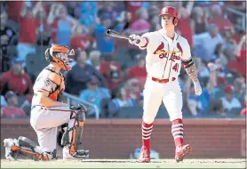  ?? JEFF ROBERSON — THE ASSOCIATED PRESS ?? The St. Louis Cardinals’ Tyler O’Neill, right, celebrates his walk-off home run off the Giants’ Mark Melancon to defeat San Francisco 5-4 on Saturday.