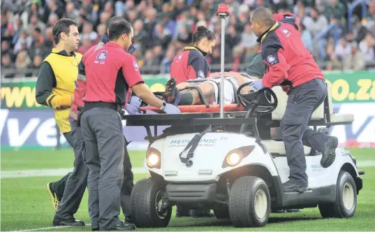  ?? PICTURE: BACKPAGE P ?? INJURY-PRONE: Patrick Lambie of South Africa is stretchere­d from the field after a late tackle from CJ Stander of Ireland during the 2016 Incoming Test Series game between South Africa and Ireland at Newlands Stadium, Cape Town on June 11, 2016. Lambie...