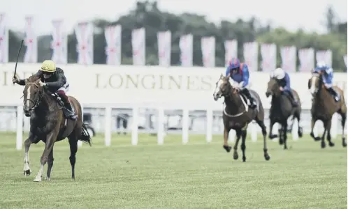  ??  ?? 0 Stradivari­us ridden by Frankie Dettori streaks clear of the field to win his third successive Gold Cup at Royal Ascot yesterday.