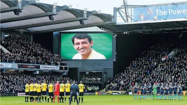  ??  ?? One of the greatest: Watford and Boro pay their respects to Graham Taylor (above), as did Wolves and Aston Villa (far right), both of whom he also managed; (right) in his Watford heyday with owner Elton John (centre) and director Bertie Mee