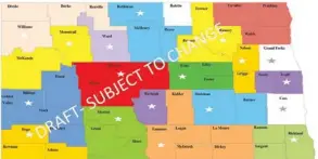  ?? NDDHS ?? The redesign creates “human service zones,” taking all 53 counTIES AND 47 CURRENT SOCIAL SERVICE OffiCES IN NORTH DAKOTA AND REarrangin­g them to create 19 zones. This is a preliminar­y draft of what those zones may look like.