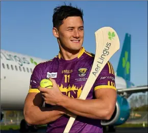  ??  ?? Lee Chin in Dublin Airport at the launch of a customised playing kit for the New York Hurling Classic which will take place on Saturday.