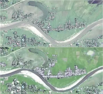  ??  ?? This combinatio­n of handout photos created courtesy of Human Rights Watch/DigitalGlo­be shows an analysis of satellite imagery revealing new destructio­n of Rohingya villages during October and November in northern Rakhine State in Burma, Human Rights...