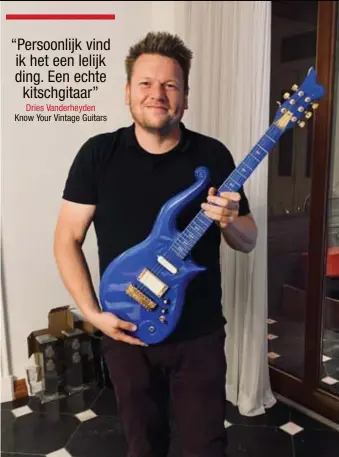  ?? FOTO RR ?? Dries Vanderheyd­en uit Oudsbergen met de opvallende gitaar van Prince. Voor alle duidelijkh­eid, het instrument was niet zijn eigendom.