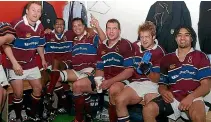  ?? BARRY HARCOURT/STUFF ?? Seremaia Bai, second from the left, with Southland Stags teammates Ashley Barron, Steve Jackson, Paul Miller, Ben Herring, and Hale T-Pole after beating Taranaki in a 2002 National Provincial Championsh­ip clash.