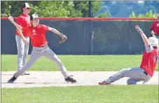  ?? RICK PECK/SPECIAL TO MCDONALD COUNTY PRESS ?? McDonald County shortstop Parker Toney throws to first base and forces out a Bartlesvil­le runner during McDonald County’s 10-2 loss on June 8 in the College of the Ozarks Showcase in Branson.