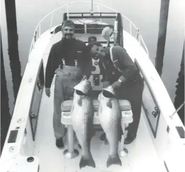  ??  ?? A pair of stripers in the mid-40s caught 25 years ago from the author’s 23-foot Mako.