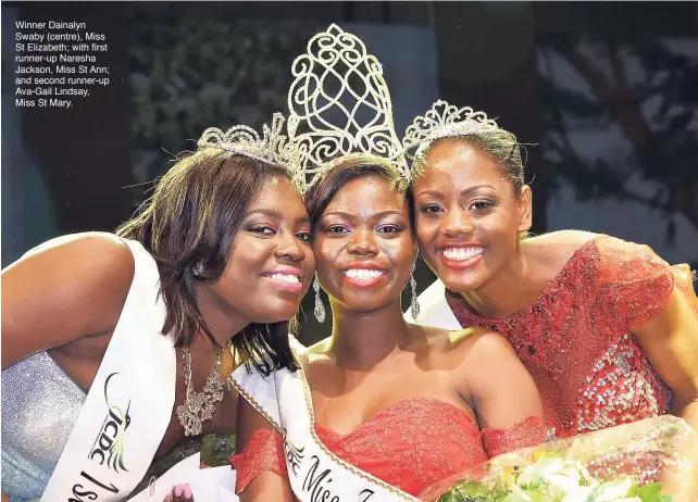  ??  ?? Winner Dainalyn Swaby (centre), Miss St Elizabeth; with first runner-up Naresha Jackson, Miss St Ann; and second runner-up Ava-Gail Lindsay, Miss St Mary.