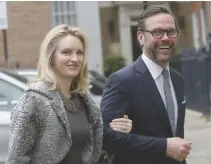  ?? REUTERS ?? JAMES MURDOCH, the son of media mogul Rupert Murdoch, and his wife Kathryn Hufschmid arrive for a reception to celebrate the wedding between Rupert Murdoch and former supermodel Jerry Hall which took place on Friday in London, Britain, March 5, 2016.