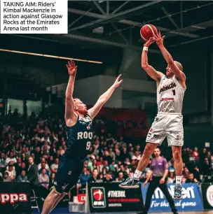  ?? PICTURE: PETER SIMMONS ?? TAKING AIM: Riders’ Kimbal Mackenzie in action against Glasgow Rocks at the Emirates Arena last month