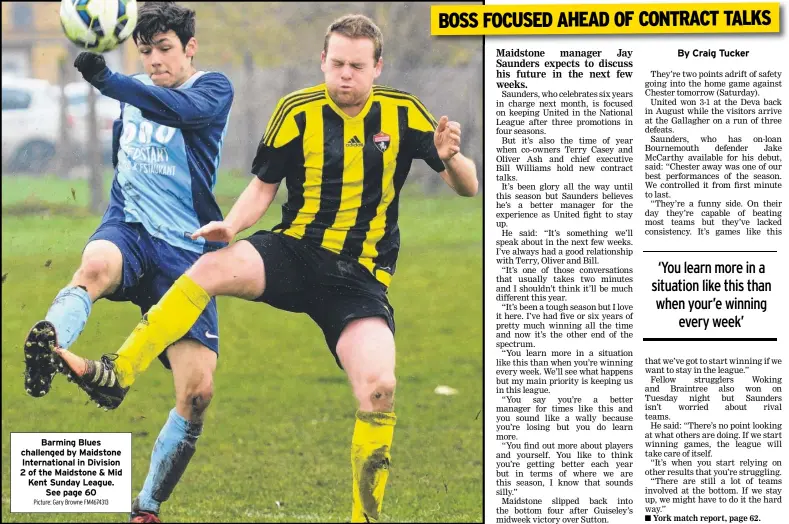 ?? Picture: Gary Browne FM4674313 ?? Barming Blues challenged by Maidstone Internatio­nal in Division 2 of the Maidstone & Mid Kent Sunday League. See page 60