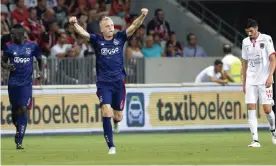  ??  ?? Donny van de Beek celebrates after scoring for Ajax against Nice in July 2017. Photograph: Eric Gaillard/Reuters