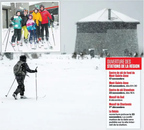  ?? PHOTOS SIMON CLARK ET MARTIN ALARIE ?? Ce skieur a profité de la bordée d’hier pour se délier les jambes sur les plaines d’abraham. En mortaise, la famille Kucharsky s’est bien amusée, au Sommet Saint-sauveur, dans les Laurentide­s, qui amorçait sa saison hier.