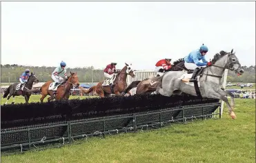  ?? doug Walker, File ?? Horses clear the final hurdle during the first race of the 2018 Georgia Steeplecha­se meet at Kingston Downs. A meet has been set for the venue June 6 in a bid to jump start the season for owners, trainers and horses.