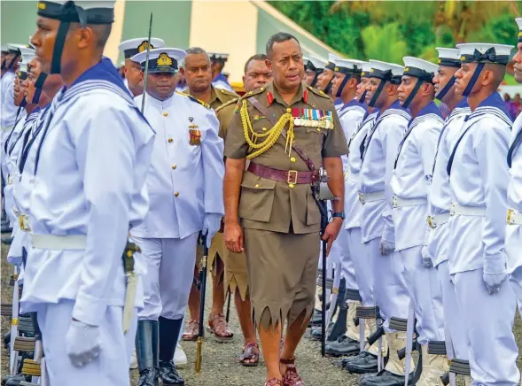  ?? Photo: RFMF Media Cell ?? Republic of Fiji Military Forces Commander Major-General Ro Jone Kalouniwai inspecting the 116 RFMF Naval Division recruits at the Force Training Group in Nakasi on November 18, 2022.