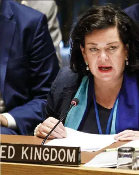  ??  ?? Head to head: Britain’s UN ambassador Karen Pierce denounces Russia at the UN while Moscow’s Vasily Nebenzya listens