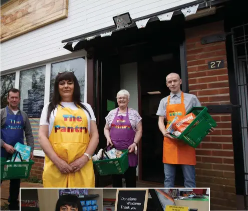  ?? ?? Volunteers Grant McMillan, Julia Allan and Darren Montgomery with manager Tracy Galligan, and left, Tracy with what customers can get for £2.50