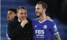  ?? Norwich. Photograph: David Klein/Reuters ?? James Maddison with Brendan Rodgers at the end of the match. Maddison scored Leicester’s third goal in their 3-0 victory over