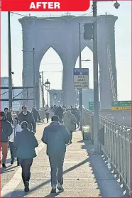  ?? ?? OVER & OUT: After becoming an open-air bazaar for unlicensed vendors (left), the pedestrian walkway on the Brooklyn Bridge was cleared away (right) on Wednesday to the relief of many on the span. AFTER