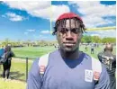  ?? DAVID FURONES/SOUTH FLORIDA SUN SENTINEL ?? Miami Monsignor Pace defensive end Shemar Stewart, a five-star recruit in the 2022 class, at the Under Armour All-America camp event on Sunday at Miami’s Ives Estates Park.