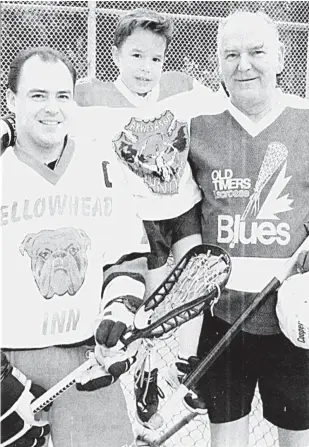  ?? CITIZEN FILE PHOTO ?? In this file photo from July 5, 1996, it shows Brett Doig, left, son Drew and father Fred representi­ng three generation­s of the Doig family who played lacrosse.