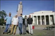  ?? ERIC RISBERG - THE ASSOCIATED PRESS ?? In this Friday, April 13, 2018, photo, the Waldos, from left, Mark Gravitch, Larry Schwartz, Dave Reddix, Steve Capper and Jeffrey Noel pose below a statue of Louis Pasteur at San Rafael High School in San Rafael, Calif. Friday is April 20, or 4/20....