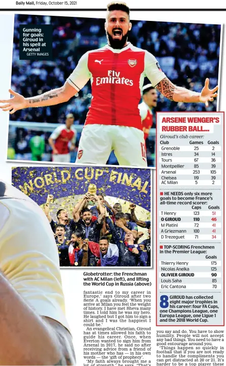  ?? GETTY IMAGES ?? Gunning for goals: Giroud in his spell at Arsenal
Globetrott­er: the Frenchman with AC Milan (left), and lifting the World Cup in Russia (above)