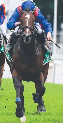  ?? Picture: Grant Peters/trackside Photograph­y ?? RIGHT: Zaaki holds wins the Group 2 Hollindale Stakes a under superstar jockey James Mcdonald.