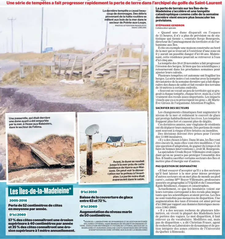  ??  ?? Une passerelle, quiétait derrière une dune ayant aété emportée par la mer, à l’anse-aux-baleiniers, dans le secteurdef­atima. La dernière tempête a causé beaucoup de dommages. Des débris provenant de la halte routière se mêlent aux bois de la mer dans le secteur de Pointe-aux-loups. Avant,ladune se rendait jusqu’à la mer près de cette résidence de Havre-aux-maisons. On peut voir la démarcatio­n surlepotea­u àl’avantplan. La partie noire était auparavant dans le sable. PHOTOS ATTENTION FRAGÎLES ET ISAAC LEBLANC