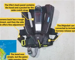  ??  ?? The Vito’s back panel contains the hood and a pocket for the wide crotch strap The harness back has a rough adjustment, and then the side buckle offers fine adjustment The lifejacket can be converted to include the harness release system