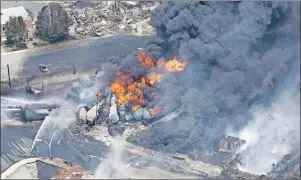  ?? CP PHOTO ?? Smoke rises from railway cars that were carrying crude oil after derailing in downtown Lac-Megantic, Que., on July 6, 2013.