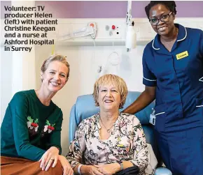  ??  ?? Volunteer: TV producer Helen (left) with patient Christine Keegan and a nurse at Ashford Hospital in Surrey