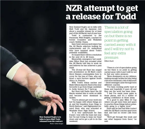  ?? Photo / Getty Images ?? New Zealand Rugby is in talks to have Matt Todd released from his contract.