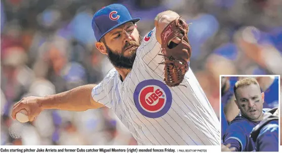  ?? | PAUL BEATY/ AP PHOTOS ?? Cubs starting pitcher Jake Arrieta and former Cubs catcher Miguel Montero ( right) mended fences Friday.