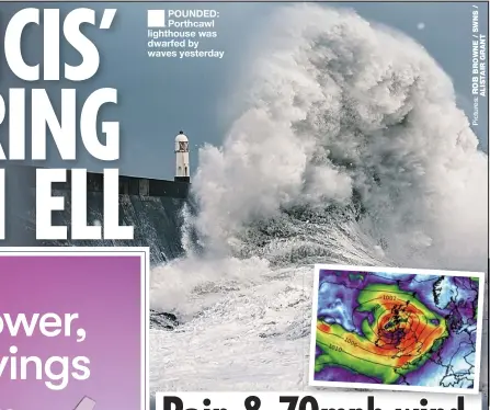  ??  ?? POUNDED: Porthcawl lighthouse was dwarfed by waves yesterday