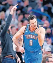  ?? [SARAH PHIPPS/ THE OKLAHOMAN] ?? Oklahoma City's Danilo Gallinari celebrates a 3-point basket during a win Jan. 24 against the Atlanta Hawks, the team he just signed with in free agency.