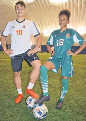  ?? T.J. COLELLO/CAPE BRETON POST ?? The Cape Breton Capers men and women’s soccer teams open the 2017 season on Saturday when they host the Saint Mary’s Huskies. Shown are Capers men’s forward Joel Eckert-Ayensa and Capers women’s midfielder/ defender Tamara Brown.