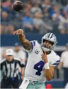  ?? AP Photo/Roger Steinman, File ?? ■ Dallas Cowboys quarterbac­k Dak Prescott (4) passes Sept. 30 in Arlington, Texas. The Dallas passing game hasn’t been very efficient through five games, which helps explain a losing record.