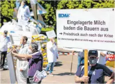  ?? FOTO: CHRISTOPH SCHMIDT/DPA ?? Milchviehh­alter des Bundesverb­ands Deutscher Milchviehh­alter protestier­en am Dienstag vor dem Stuttgarte­r Landtag gegen die Einlagerun­g von Milchpulve­r und Butter in Zeiten der Corona-Krise.