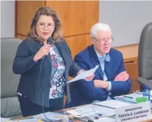  ?? EDDIE MOORE/ JOURNAL ?? Rep. Patricia Lundstrom, D-Gallup, chairwoman of the House appropriat­ions committee, answers questions about the Democratic spending plan on the House floor Thursday.