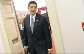  ?? WIN MCNAMEE / GETTY IMAGES ?? Rep. Paul Ryan, R-Wis., leaves his office on Capitol Hill in Washington on Friday. Ryan agreed to place his name in contention for speaker of the House after winning the support of the three major caucuses in the House GOP, representi­ng moderate...