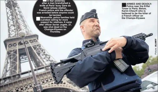  ??  ?? ARMED AND DEADLY: Police near the Eiffel Tower in Paris. Below, Karim Cheurfi who is believed to be the killer of a French officer on the Champs-Elysees