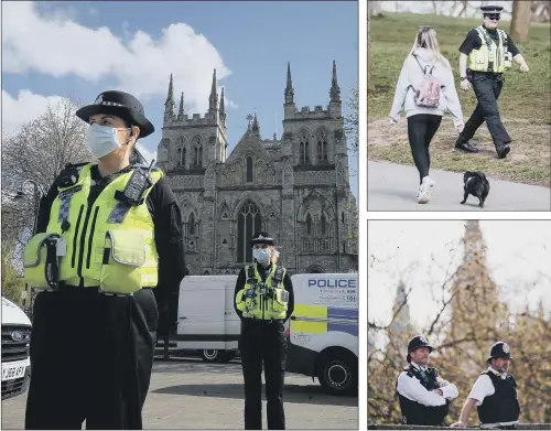  ?? PICTURES: SIMON HULME/PA ?? A WATCHFUL EYE: Police outside Selby Abbey, main picture; a policeman walks past a woman exercising her dog in Roundhay Park, Leeds, above right: officers in central London keep an eye out, right. West Yorkshire Police have fined 20 people over breaches of lockdown rules while North Yorkshire Police have issued 11 fines.