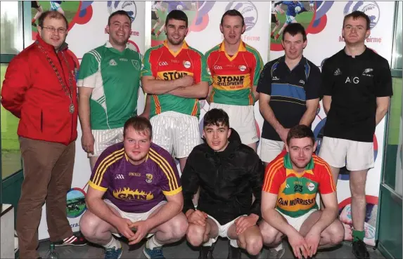  ??  ?? The St Mullins Macra na Feirme Club took part in the Macra-National Dairy Council national indoor soccer finals at Gormanston, Co. Meath, recently. Above, with Macra president James Healy, are the club’s team members Marty Brennan, Pearse Deegan, David...