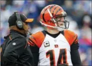  ?? BILL WIPPERT — THE ASSOCIATED PRESS FILE ?? Bengals quarterbac­k Andy Dalton’s 49-yard touchdown pass in the closing seconds of the 2017 season finale at Baltimore knocked the Ravens out of playoff contention and helped head coach Marvin Lewis get a two-year extension in Cincinnati.