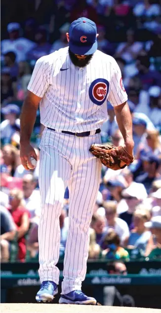  ?? AP ?? Cubs starter Jake Arrieta lasted three innings against the Marlins, who stole four bases against him.