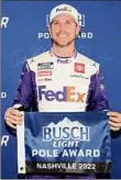  ?? Meg Oliphant / Getty Images ?? Denny Hamlin was awarded the pole when the second round of qualifying was rained out for the Ally 400 at Nashville Superspeed­way.