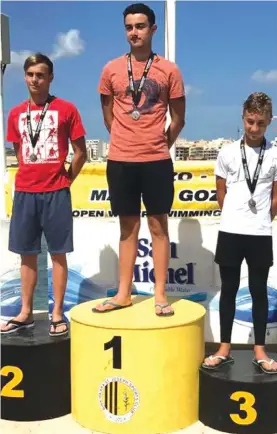  ??  ?? Dylan Cachia, centre, Andrew Sultana, left, and Andre Camilleri, on the males’ podium