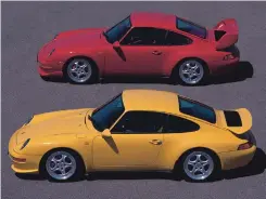  ??  ?? The ultimate 993 Carrera RS was the Clubsport (in red) which removed nonessenti­al interior items and added a bigger rear wing.