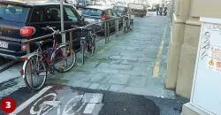  ??  ?? 3)La pista ciclabile che in piazza della Libertà immette i ciclisti sul marciapied­e sconnesso4) La pista ciclabile intorno alla Fortezza, tra cantieri e fango